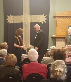 Photograph, President Jo Barber receives the Collar of the Old Colonists' Association of Ballarat Inc. from fromer President Jamie Sleep, 21/11/2019
