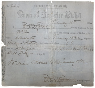 Document, Form of Register Ticket made out to William Fittall, 1862