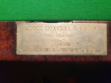 Photograph, Clare Gervasoni, Alcock Name Plaque on a Billiards Table at the Old Colonists' Hall, 14/05/2021