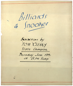 Document, Billiards Exhibition by Tom Cleary at the Old Colonists' Hall