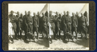 Soldiers pose with bulldog mascot, broadmeadows camp