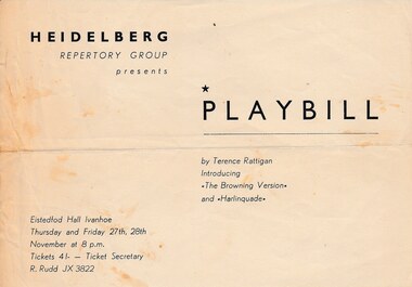 Memorabilia - Program   Reviews   Poster   Articles, Playbill – The Browning Version and Harlequinade by Terence Rattigan directed by Joyce Carthew and Mel Morgan