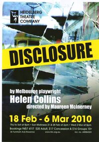 Program Photos Newsletter Poster Articles, Disclosure by Melbourne playwright Helen Collins directed by Maureen McInerney