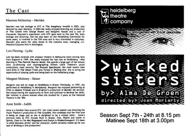Program Photos Newsletter Articles, Wicked Sisters by Alma De Groen by arrangement with R.G. M. Associates directed by Joan Moriarty