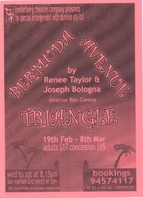 Program Photos Newsletter Poster, Bermuda Avenue Triangle by Renee Taylor and Joseph Bologna by special arrangement with Dominie Pty Ltd directed by Ron Conroy