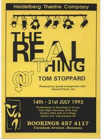 Program Photos Newsletter Poster, The Real Thing by Tom Stoppard by special arrangement with Samuel French Inc. directed by Doug Bennett