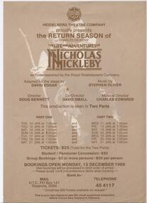 Program Photos Review Poster Articles Memorabilia, The Life and Adventures of Nicholas Nickleby by Charles Dickens directed by Doug Bennett