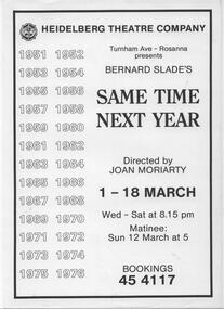 Program Photos Reviews Newsletter Poster, Same Time Next Year by Bernard Slade directed by Joan Moriarty