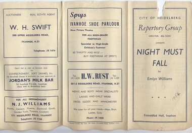 Program Review Poster Article, Night Must Fall by Emlyn Williams Directed by Mel Morgan