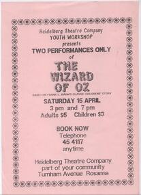 Program Poster Articles, The Wizard of Oz by Frank L. Baum directed by Alice Bugge