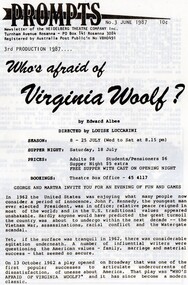 Program Review Newsletter Articles, Who's Afraid of Virginia Woolf? by Edward Albee directed by Louise Luccarini