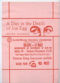 Program Photos Reviews Newsletter Poster, A Day in the Death of Joe Egg by Peter Nichols directed by Deirdre Oliver