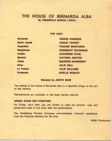 Program Photos Newsletter Article Memorabilia, The House of Bernarda Alba by Frederico Garcia Lorca directed by Judith Muir