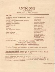 Program Photos Article, Antigone by Sophocles english version by Ian H. Robinson directed by Ian Robinson