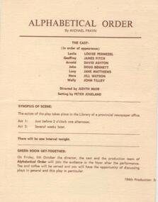 Program, Alphabetical order by Michael Frayn directed by Judith Muir