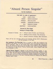 Program, Photos, Articles Memorabilia Special Events, Absurd person singular by Alan Ayckbourn directed by Alice Bugge