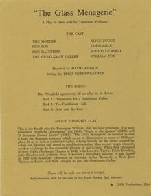 Program Photos, The glass menagerie by Tennessee Williams directed by David Ashton