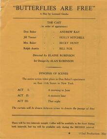 Program Newsletter, Butterflies are free by Leonard Gershe directed by Elaine Robinson