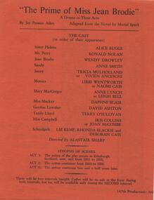 Program Photos Newsletter Articles, The prime of Miss Jean Brodie by Jay Presson Allen adapted from the novel by Muriel Spark directed by Alastair Sharp