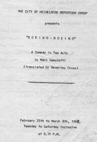 Program newsletter article, Boeing-Boeing by Marc Camoletti directed by Joyce Whitfield produced by Holly Langford