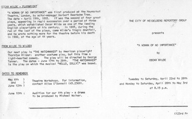 Program newsletter articles, A woman of no importance by Oscar Wilde directed by Elaine Robinson