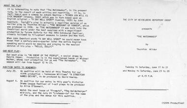 Program newsletter article, The matchmaker by Thornton Wilder directed by George Tanner