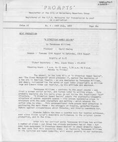 Program newsletter articles, A streetcar named desire by tennessee Williams directed by David Hawley