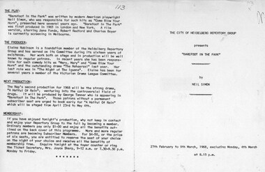 Program newsletter articles, Barefoot in the park by Neil Simon directed by Elaine Robinson