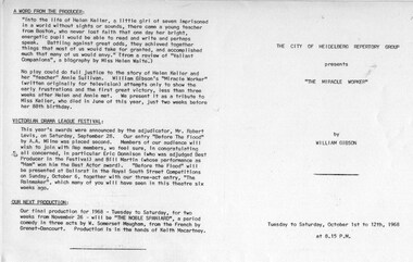 Program photos newsletter articles, The miracle worker by William Gibson directed by Alice O'Donnell