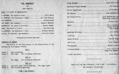 Program photos articles special events, The rehearsal by Jean Anouilh directed by Elaine Robinson