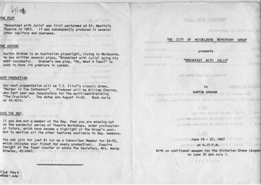 Program newsletter articles, Breakfast with Julia by Burton Graham directed by Eric Donnison