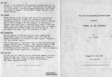 Program newsletter articles memorabilia special events, Murder in the cathedral by T. S. Eliot directed by Bill Cherrey