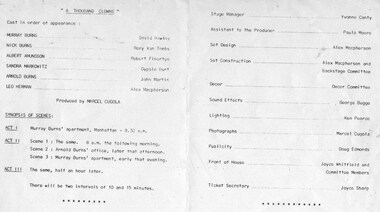 Program newsletter articles special events, A thousand clowns by Herb. Gardner directed by Marcel Cugola