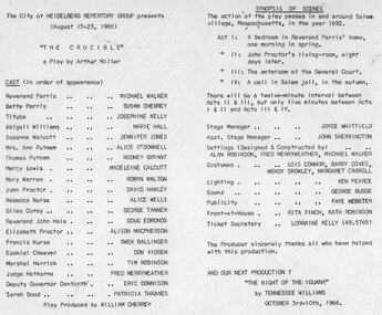 Program photos newsletter articles special events, The crucible by Arthur Miller directed by William (Bill) Cherrey