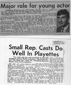 Program Newsletter Article, The private ear and The public eye by Peter Shaffer directed by Michael Walker