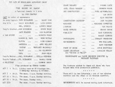 Program Newsletter Article, The brides of March by John Chapman directed by George Tanner