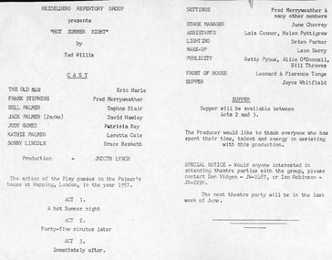 Program Newsletter Articles, Hot summer night by Ted Willis directed by Judith Lynch