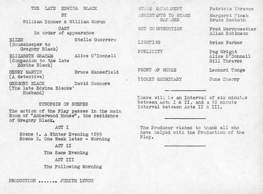Program Articles Memorabilia, The late Edwina Black by William Dinner and William Morum directed by Judith Lynch