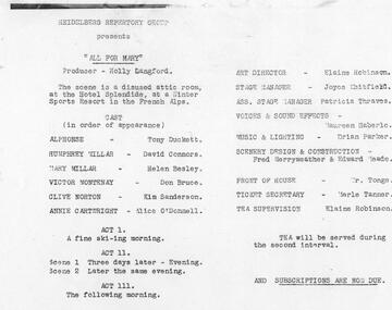 Program newsletter Articles, All for Mary by Harold Brooke and Kay Bannerman directed by Holly Langford