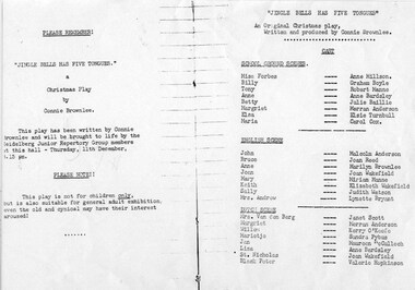 program, Jingle bells has five tongues by Connie Brownlee directed by Connie Brownlee