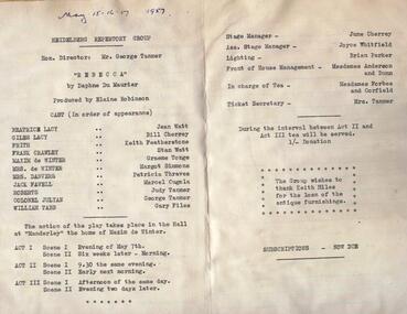 program articles, Rebecca by Daphne DuMaurier directed by Elaine Robinson