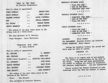 Program newsletter articles special events, Song in the wind by Patricia Bevan-Parry directed by William Cherrey
