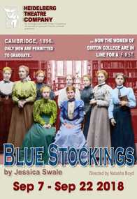Multi coloured poster for the Heidelberg Theatre Company play Blue stocking