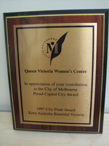 Award Plaque, City of Melbourne Proud Capital City Award. 1997 City Pride Award, c.1997