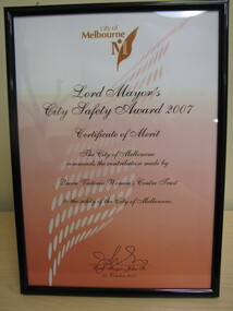 Award Certificate, Lord Mayor's City Safety Award 2007, 15 October 2007