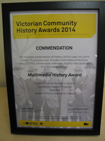 Award Certificate, Victorian Community History Awards 2014, 2014