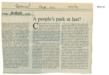 Newspaper Clipping, The Age, A people's park at last?, 13 March 1996