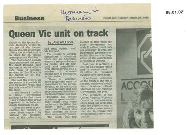 Newspaper Clipping, Herald Sun, Queen Vic unit on track, 26 March 1996