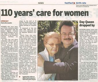 Newspaper excerpt, 110 years' care for women and Day Queen dropped by, 4 October 2006