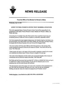 News release, Queen Victoria Women's Centre Trust members announced, 19 July 1995